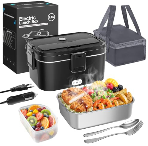 Fiambrera Electrica 120W 1.8L Calentamiento rápido para Coche Oficina | 12V/24V/240V 3 en 1 Fiambreras Comida Trabajo con Bolsa Térmica y Cubiertos-Acero Inoxidable para Camión/Acampar