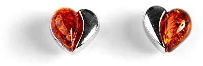 925 Sterling Silber und natürlicher Edelstein Miniatur Herz Ohrstecker Herz Schmuck Minimal Ohrringe Geschenk für sie, Bernstein, Bernstein