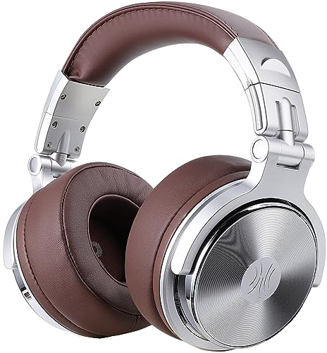 OneOdio Pro30 Auriculares DJ, Auriculares con Cable de Estudio, Estéreo de Alta Definición con Micrófono para Monitoreo Grabación y Mezclas, 50mm Controladores, Orejeras Proteicas, Plata y Marrón