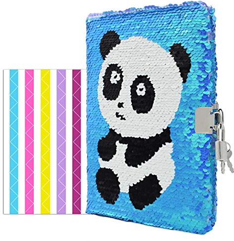 VIPbuy Tagebuch mit Schloss und Schlüssel Notizbuch für Mädchen Kinder Pailletten Wendbare Tagebücher Notizbücher A5 liniert mit 1 Blatt Fotoecken, 156 Seiten, 21,5 x 14 cm, blauer Panda