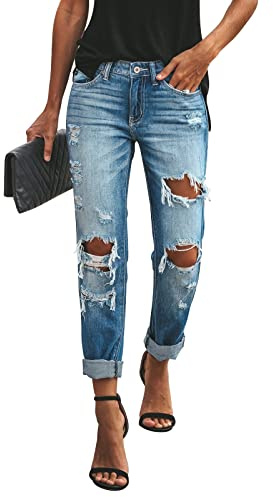 KUNMI Women's Ripped Mid Waisted Boyfriend Jeans Loose Fit Distressed Stretchy Denim Pants