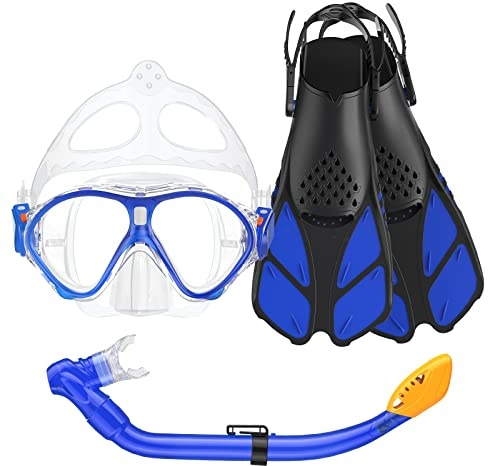 Seovediary Kids Snorkel Set, Mask Fins Snorkeling Gear for Kids Anti-Fog Swim Goggles 180 Panoramic View Dry Top Snorkel and Dive Flippers Combo with Travel Bag for Snorkeling Training Swimming Diving