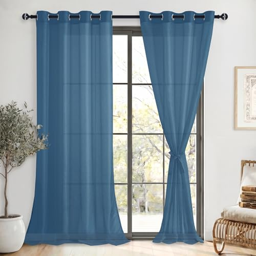 DWCN Uppsättning av 2 gardiner vit öljettgardin, transparent gardin, vit sheer voile-gardiner med öljetter, transparenta gardiner med gardinband, mörkblå, 240 x 140 cm (H x B),
