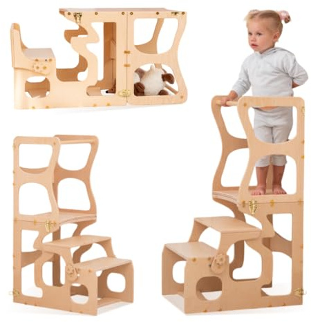 Woodandhearts Toddler Tower, Made in EU, Toddler Tower, Toddler Kitchen Stool Helper, Toddler Stool, Foldable Toddler Tower, Toddler Standing Tower, Toddler Tower Foldable (With Shapes Cutouts)
