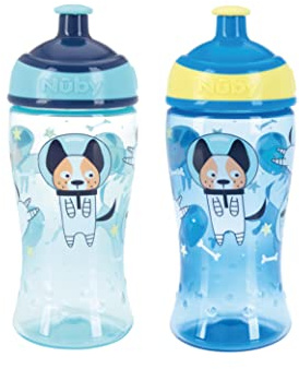 Nuby Super Slurp Water Bottle - No Spill Active Toddler Sippy Cup | 360ml / 12oz |Easy Grip | Dishwasher Safe | Suitable Beaker for 18 Months Plus (Under the Sea, Pack of 2)