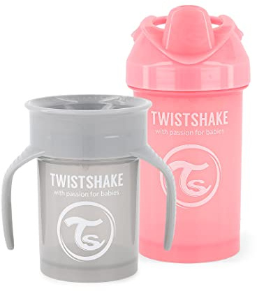 Twistshake Auslaufsichere Baby-Trinkbecher – 2er-Set | 1 x 360-Becher + 1 x Krabbelbecher | Auslaufsichere Entwöhnungsbecher | BPA-frei | Trainingspokal für Kinder | Lerntrinkflasche | Grau Rosa