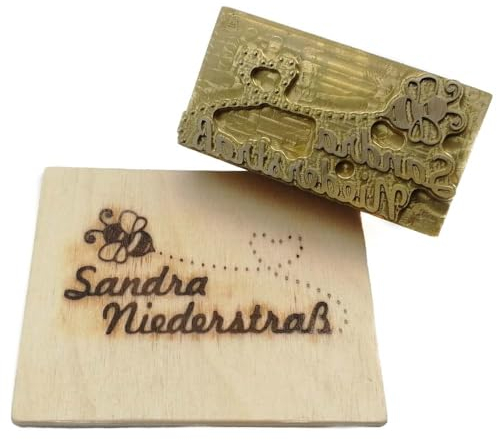 Dein Brandstempel elektrischer Schriftzug im Motiv Biene mit Herz für Holz, Leder, Pappe - personalisiertes Brandeisen für Imker, individueller Brennstempel für Bienenbeuten in 70 x 39 mm