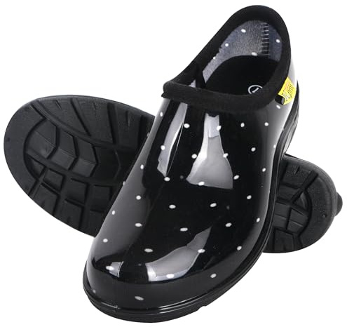 Kprm Flat Garden Shoes for Women Waterproof Slip-On Womens Rubber Rain Shoes Gardening Clogs with Comfort Insole (Polka Dot, 9)