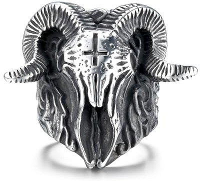 GTHIC Teschio in acciaio inossidabile Satana Pecora Anelli per uomo Gotico Anti Croce Demone Diavolo Testa di capra Baphomet Punk Anelli Gioielli Taglia 7