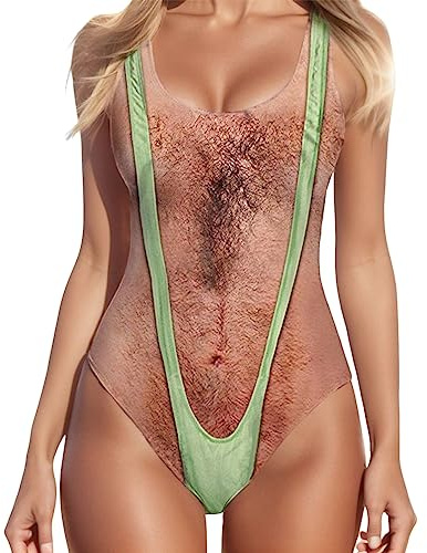 One Piece 3D Falso delle Donne Bikini Swimsuit con Peli del Petto Stampa Divertenti Costumi da