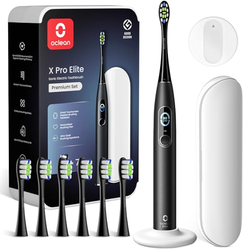 Oclean Spazzolino elettrico X Series Pro Elite Gift Set, Super silenzioso, Smart Touch Screen, 4 Modalità, 32 Livelli di intensità, 35 Giorni di durata, IPX7, Confezione ecologica, Nero