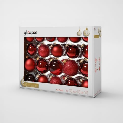 GLOUPIE Box 42 boules d'arbre de Noël en verre résistant Bordeaux, 3 tailles Ø 7, 6, 5 cm, en différentes finitions, emballage élégant