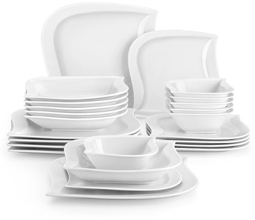MALACASA Série ELVIRA 24 Pièces Service de Table en Porcelaine, Service de Vaisselle pour 6 Personnes avec 6 Assiettes Plates, 6 Assiettes à Dessert, 6 Assiettes Creuses et 6 Bols à Soupe, Blanc