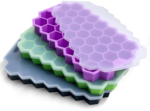 Silicone 37-Ice Cube Trays Molds with Sealing Lid Easy-Release Reusable Ice Cube for Bar,3 Packs Black.Green and Purple