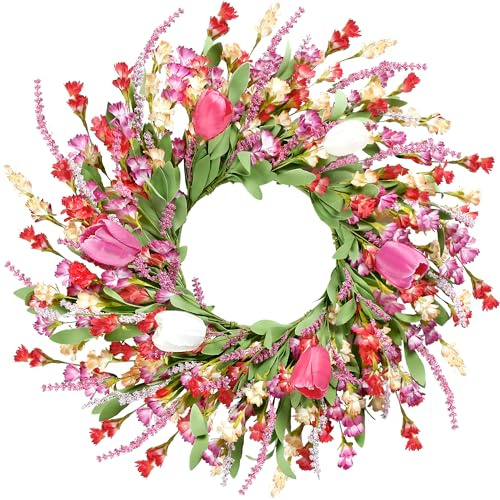 Sggvecsy Corona de primavera y verano para puerta delantera, corona de flores artificiales coloridas con tulipanes coloridos, hojas verdes, lavanda para todas las estaciones, hogar, granja, decoración