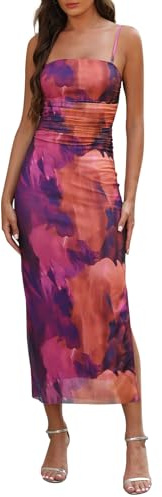 Adigaber Vestido de Verano para Mujeres Tirantes Estampados Abertura Lateral Malla Equipado Maxi Vestido
