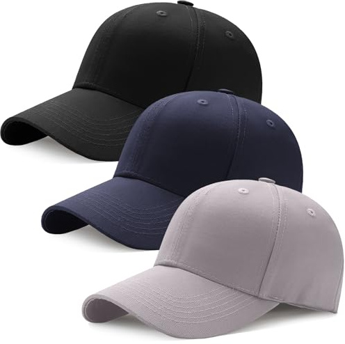3PCS Baseball Cap for Men Women, Unisex Cotton 6 Panel Plain Baseball Hat Adjustable Breathable Summer Sun Visor Hat Trucker Cap Outdoor Sport Hats (Black, Light Grey, Navy Blue)