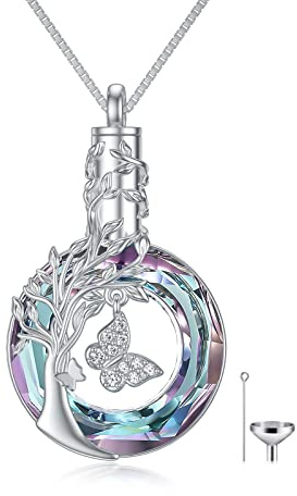 Urn Necklace for Ashes Tree of Life Butterfly Necklace Cremation Jewelry 925 Sterling Silver Crystal Memorial Ashes Necklace for Women (Butterfly Tree of Life-Purple Crystal)