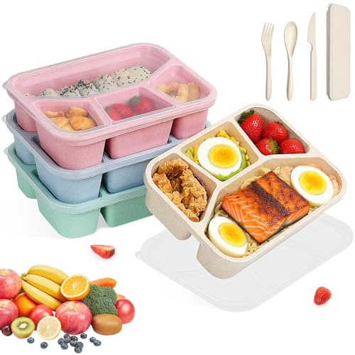 4 Pcs Scatole Snack con Scomparti, Coperchi Trasparenti & Forchetta Cucchiaio, Porta Pranzo Riutilizzabili per Adulti e Bambini, Contenitori Spuntino Microonde per Cucina, Scuola, Lavoro,Picnic,Viaggi