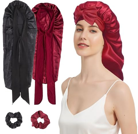 Lot de 2 bonnets en soie pour dormir - Pour cheveux longs - Avec élastique à cheveux - Pour la nuit - Réglables - Convient pour les cheveux longs (noir + rouge)