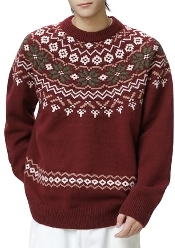 Generisch Maglione da Uomo Etnico, Pullover Norvegese, Maglione a Maglia Grossa, Girocollo, Maglione Invernale, Maglia in Lana Elasticizzata, Motivo Islandese, Maglione Natalizio Vintage, Colore