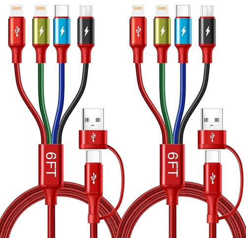 Minlu multiladdningskabel, 6-i-1 multiladdningskabel [2-pack 1,8 m] 4-i-2 telefonladdningskablar med belysning/typ-C/mikro, flätad multiladdningskabel för iPhone/Samsung/Android/surfplatta/Sony