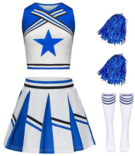 XFOZDM Costume da cheerleader per bambini, da cheerleader, per ragazze, da cheerleading, uniforme, con pompon e calze, costume di carnevale, Halloween, cosplay, feste, blu 160