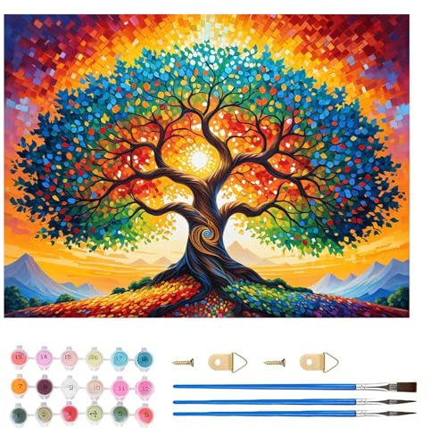 TLIOBLO DIY Arbre de la Vie Peinture par Numéros pour Adulte, DIY Peinture pour Adultes Enfants Débutants Facile sur Toile avec Peintures et Pinceaux, Décor Maison Cadeaux 30x40cm