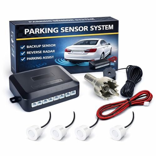 CAR PASSION Kit Sensori di Parcheggio Auto Universali Verniciabili - 4 Sensori Posteriori con Cicalino, Facile da Installare, Manuale in Italiano - Adatti per Auto, Furgoni e Camper (Bianco)