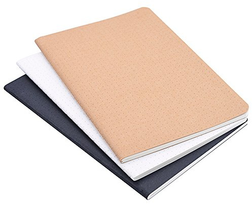 (Set of 3) A5 Dotted Notebook/Travel Journal - 14.5x21cm Dot Grid Paper for Bullet Notes Journaling, Total 120 Sheets/240 Pages, Black/White/Kraft Brown Cover