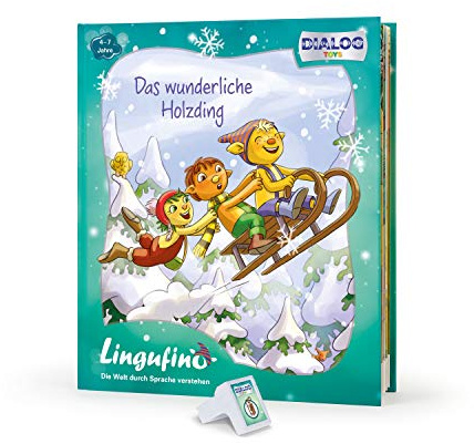 DIALOG TOYS DEDE-DT-LF01B Lingufino Erweiterungs-Set Das wunderliche Holzding mit Abenteuerbuch und Dialogmodul für den lingutastischen Kobold, der die Geschichte erzählt und echte führt