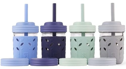 Elk and Friends Kids/Toddler 8oz Glass Mason Jars + Sleeves + Lids | 4pk | Silicone Sleeves | Straws with Stoppers | Food Storage | Spill Resistant | Dishwasher Safe | Perfect for Smoothies