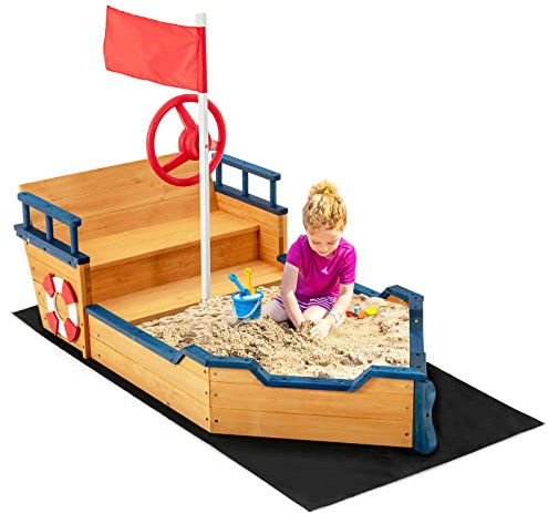 GYMAX Kids Wooden Sandbox, Pirate Ship Sandpit with Bench Seats, Hidden Storage, Flag, Rudder & Non-woven Fabric Liner, Garden Sand Pit for Children