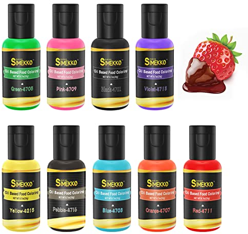 Ölbasierte Lebensmittelfarbe für Schokolade von SIMEKKO: Enthält 9 leuchtende Farben für Schokolade, Tortendekoration, Backen, Süßigkeiten, Sahne, Fondant, 180 ml (0,7 oz pro Flasche)