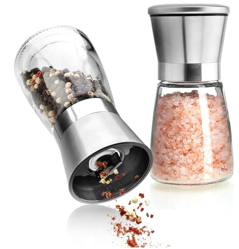 com-four® 2-teiliges Salz- und Pfeffermühle-Set aus Glas und Edelstahl mit Keramik-Mahlwerk - elegantes Küchenzubehör - moderne Würzmühle - Raspel - Gewürzmühle - Gewürzmörser (02 Stück - mit Deckel)
