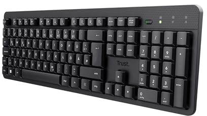Trust ODY II Leise Tastatur Kabellos Deutsches QWERTZ Layout, Flachen Tasten, Funktastatur Spritzwassergeschützt, RF 2.4GHz USB-Empfänger, Wireless Keyboard PC Laptop Computer Mac - Schwarz