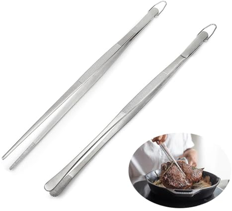 TRKETK 2 Pezzi 30cm Pinza Cucina Professionali, Pinzette da Cucina in Acciaio Inossidabile con Gancio Pinza da Cucina Multiuso Pinzette Extra Lunghe per Cottura al Forno Barbecue (Argento)