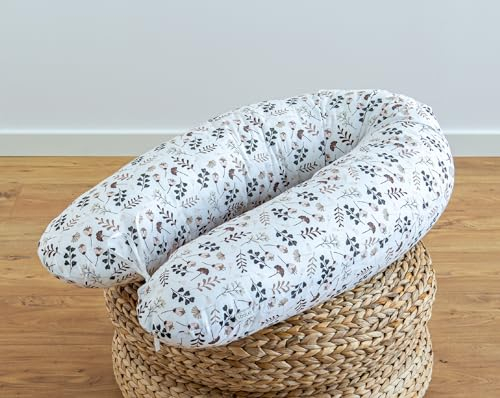 LOOLAY Schwangerschaftskissen - Stillkissen 170 cm - Seitenschläferkissen 100% Baumwolle - mit Abnehmbarem Bezug - Schwanger Kissen für Schlafen (Blumen Braun)