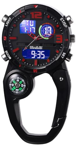 JewelryWe Multifunctional Clip on Watch: Digital Analog Dual Time Display LED Carabiner Watch Backpack Buckle Belt Fob Watches for Rock Climbing Doctors Nurses Chefs
