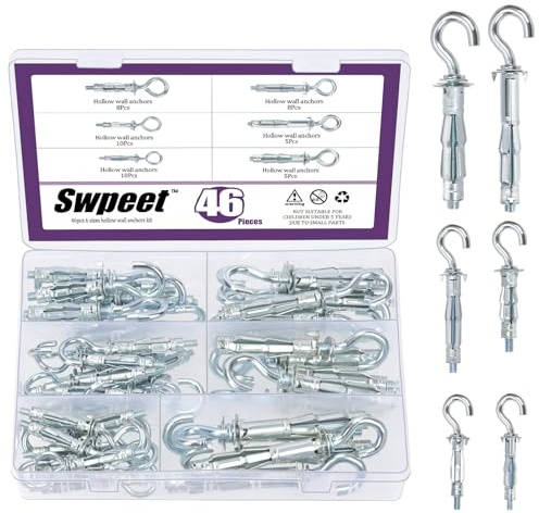 Swpeet 46 st M4X32 mm M4X38 mm M5X37 mm M5X52 mm M6X52 mm M6X65 mm C-form kraftig ihålig väggankarsats, ihålig drivkrok sortiment kit för gips ihåliga vägggipsväggar