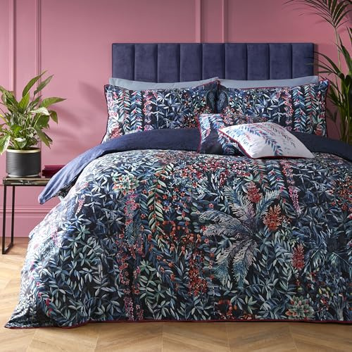 Soiree - Blue Tropical Leaf & Fern Duvet Cover - Super King Bedding Size (260 x 220cm) - Reversible Designs - 100% Cotton - 2x Pillowcases Included - Luxury Bedding - Navy Bedding with Floral & Leaves