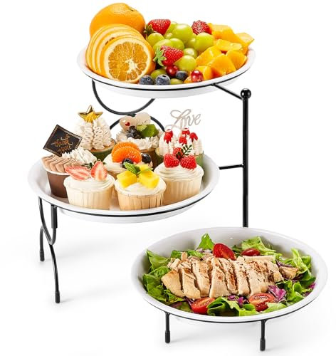 Lifewit Vassoio da Portata con 3 Piatti Rotondo, Rotondo Vassoio Plastica, Alzate per Buffet Dolci, Portafrutta da Tavolo, Cucina Decorativo,Vassoi e Piatti con Ripiani, Rastrelliera in Metallo Nero
