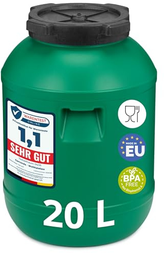 Garronda Fût Plastique Alimentaire 20L sans BPA Récupérateur d'eau GD-0142 | Bidon Alimentaire avec Couvercle, Large Ouverture, Grand Réservoir Eau, pour Choucroute, Croquettes, Fermentation et Stockage