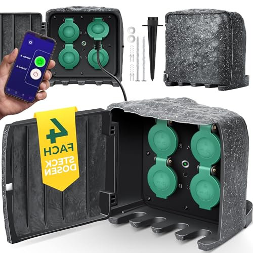 KESSER® Gartensteckdose Steinoptik mit 4 Steckplätzen - mit WiFi Funktion Steuerung per App - Inkl. Montageset, Mehrfachsteckdosen aussen mit 3m Verlängerungskabel Außensteckdose IP44 Dämmerungssensor