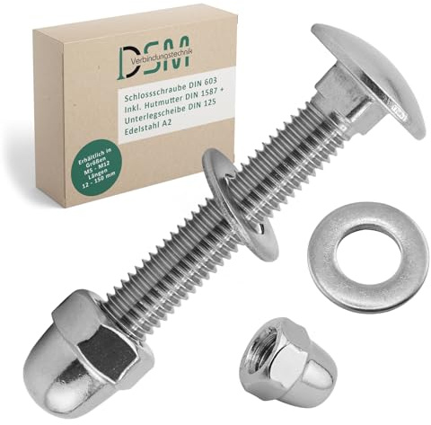 DSM – låsskruvar M6 x 60 mm enligt DIN 603 – M6 hattmutter DIN 1587 & bricka DIN 125 – rostfritt stål A2/V2A – helgängade – platt huvudskruvar med fyrkantsfäste – 100 stycken