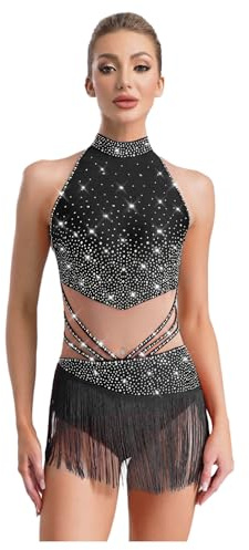 MSemis Donne Balletto Body Danza Classica Ginnastica Senza Maniche Ballet Leotard Vestito da Pattinaggio Artistico con Nappe Strass Abtio da Ballo Latino Competizione Nero XS