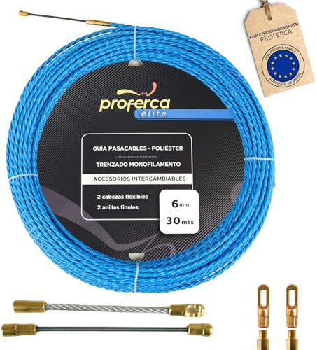 PROFERCA Guia Pasacables Profesional de Poliéster Trenzado con Terminales Intercambiables | para Grandes tuberías | Especial Jardines 6mm 30 Metros Azul