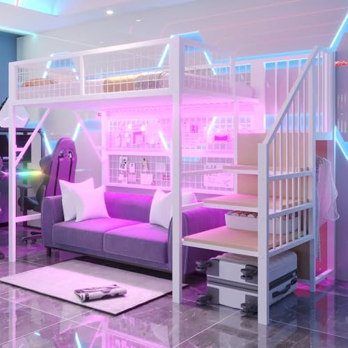 Wyibwy Cama alta 90x200 con tira de luz LED controlada por aplicación, cama multifuncional de metal con escalera de almacenamiento y armario abierto, adecuada para niños y adolescentes, blanco