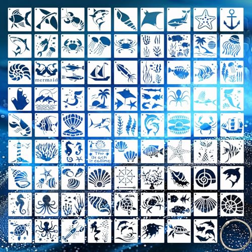 ZXBBTZ 80 PCS Plantilla Dibujos para Pintar, Plantillas de Animales Marinos, Reutilizables, Plantilla Pintar Lavable, Plantillas Marinas para Scrabooking, Diarios de Arte, DIY Manualidades