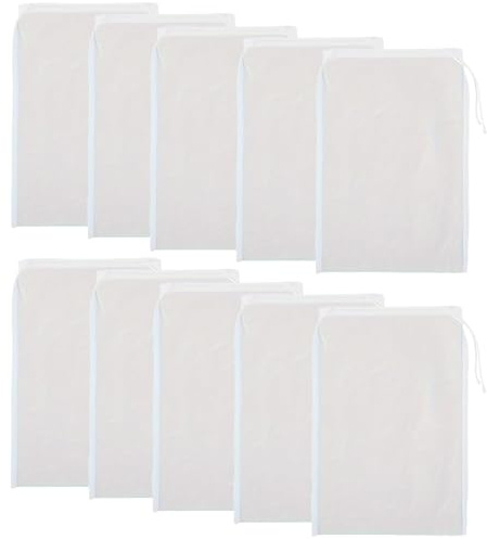 YFTRFR 10 Pezzi Sacchetto Filtro, Setaccio in Nylon Grado Alimentare con Coulisse Borsa Riutilizzabile Lavabili per Birra Homebrew, Sidro, Uva, Vino, Latte di Noci, Tofu, Mandorla, Yogurt(Bianco)